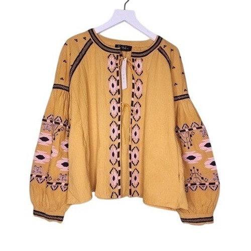 Rd+Koko Peasant Top Balloon Sleeve Bohemian Blouse Mustard Yellow Embroidered Pm